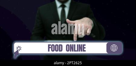 Rédaction affichant du texte Food Online, Word pour demander quelque chose à manger à l'aide de l'application téléphonique ou du site Web Banque D'Images