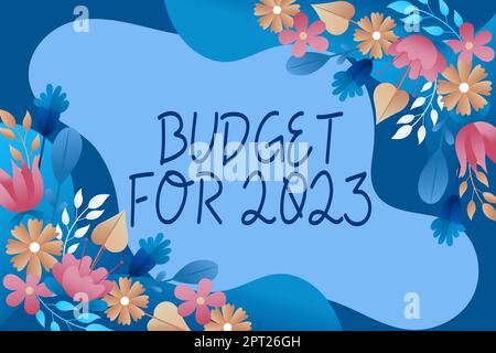 Affiche textuelle indiquant le budget de 2023An estimations écrites des recettes et des dépenses pour 2023, Word pour une estimation écrite des recettes et des dépenses pour Banque D'Images