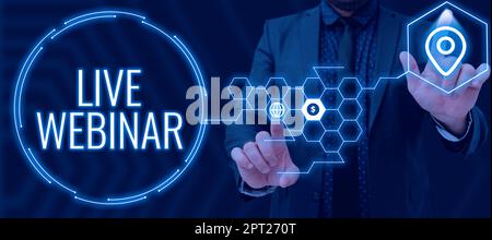 Affiche textuelle montrant le webinaire en direct, séminaire interactif sur l'approche commerciale transmis sur le Web en temps réel Banque D'Images