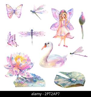 Illustration aquarelle, ensemble de fée, fleurs de nénuphars, fragongmouche et papillon, feuille, bouton et cygne blanc isolés sur fond blanc Banque D'Images