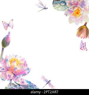 Nénuphar. Carte de vœux avec fleurs sauvages aquarelle sur fond blanc. Lotus. Illustration.utilisation pour la réservation de scrapbooking, les invitations, les livres et Banque D'Images