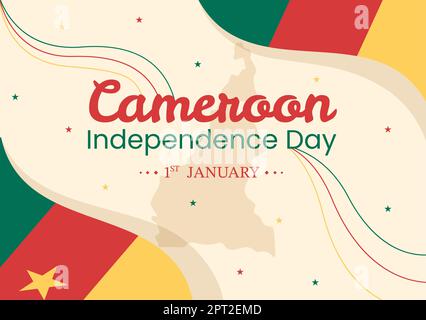 Happy Cameroon Independence Day on 1 janvier avec drapeau camerounais et vacances commémoratives en dessin animé à la main Banque D'Images