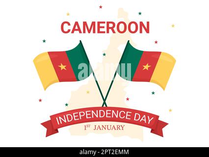 Happy Cameroon Independence Day on 1 janvier avec drapeau camerounais et vacances commémoratives en dessin animé à la main Banque D'Images