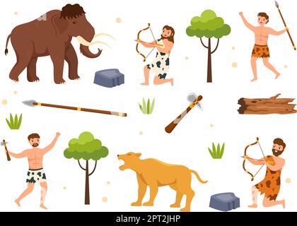 Tribes de l'âge de pierre préhistorique chasse de grands animaux avec arme dans un dessin à la main de dessin de dessin à plat Illustration Illustration de Vecteur