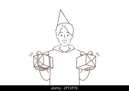 Jeune homme souriant dans un chapeau d'anniversaire tenant des cadeaux entre les mains. Joyeux anniversaire. Fête et célébration. Illustration vectorielle. Banque D'Images