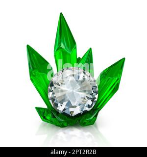 diamant sur cristal vert émeraude isolé sur fond blanc. 3d rendu. Banque D'Images