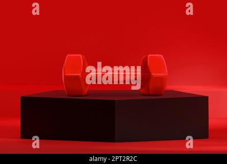 Haltères sur le podium noir du pentagone dans le studio rouge Banque D'Images