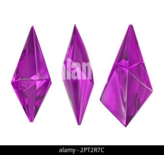 3D rendu, cristal violet émeraude sur fond blanc, pierres précieuses, nuggets naturels, accessoires mystérieux Banque D'Images