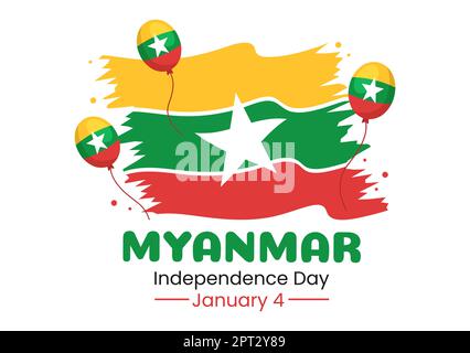 Célébration de la Journée de l'indépendance du Myanmar à 4 janvier avec drapeaux sur fond de dessin animé Illustration des modèles dessinés à la main Banque D'Images