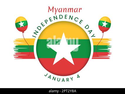 Célébration de la Journée de l'indépendance du Myanmar à 4 janvier avec drapeaux sur fond de dessin animé Illustration des modèles dessinés à la main Banque D'Images