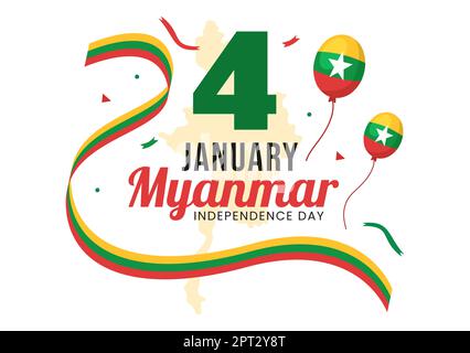 Célébration de la Journée de l'indépendance du Myanmar à 4 janvier avec drapeaux sur fond de dessin animé Illustration des modèles dessinés à la main Banque D'Images