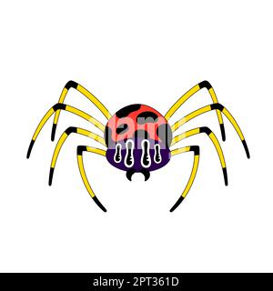 Araignée toxique. Personnage de dessin animé effrayant d'Halloween isolé sur fond blanc. Style plat avec contour noir. . Autocollant, imprimé sur les vêtements, les carnets et les étuis pour téléphones. Illustration vectorielle Illustration de Vecteur