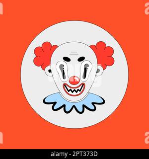 Clown effrayant. Personnage de dessin animé effrayant d'Halloween en cercle sur fond rouge. Style plat avec contour noir. Posrer, carte postale, imprimé sur des vêtements. Illustration vectorielle Illustration de Vecteur