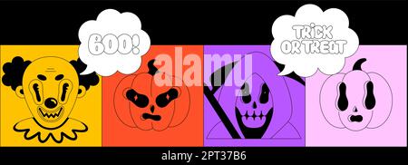Fête d'Halloween. Personnages fantaisie noirs dans des cadres lumineux. Clown, citrouilles, couche sinistre. Bouh et trick ou traiter le lettrage dans les bulles de parole. Portraits effrayants de dessins animés. Contour noir Illustration de Vecteur