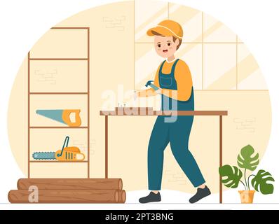 Travail du bois avec coupe de bois par Craftsman et travailleur moderne utilisation des outils mis en plan dans le dessin à la main dessin de dessin de dessin de dessin de dessin à plat Illustration Illustration de Vecteur