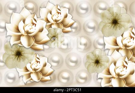 3d papier peint. Fond décoratif mural classique. Fleurs dorées et perles argentées pour la décoration d'intérieur Banque D'Images