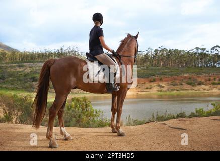 Découverte de la nature à cheval. Une jeune femme qui va faire un tour sur son cheval de châtaignier Banque D'Images