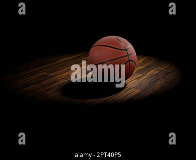 Ballon de basket-ball sur le plancher avec fond noir Banque D'Images