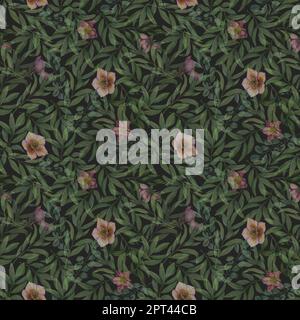 Aquarelle motif sans couture des hellébores et des plantes isolées sur fond noir. Illustration florale pour le décor de la chambre, l'imprimé, l'affiche, le papier peint Banque D'Images