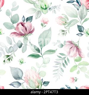 motif fleuri aquarelle sans couture avec fleurs, feuilles, branches roses de jardin. Carreaux botaniques, arrière-plan. eucalyptus, pivoine, rose. Banque D'Images