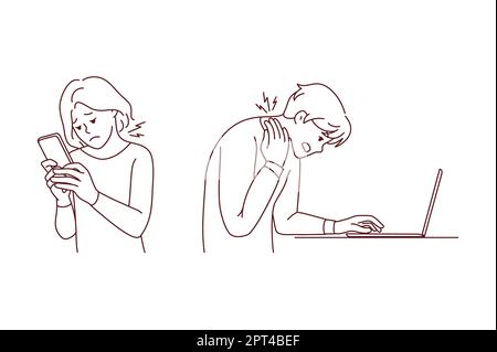 Les personnes qui travaillent sur des gadgets souffrent de problèmes de cou. Les utilisateurs dépendants des appareils luttent contre le mal de dos ou le spasme spinal. Problème de position sédentaire. V Banque D'Images