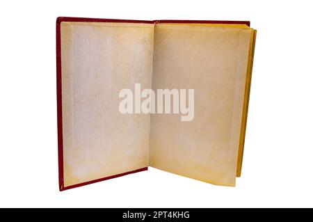 Pages jaunes d'un vieux livre ouvert sur fond blanc. Vieux livres. Pages de papier jaune. Édition papier. Style rétro. Source d'éducation. Isoler sur un W Banque D'Images