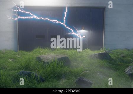 3D Illustration de la charge d'éclairage provenant du mur de ciment et de la porte en fer avec des fenêtres entourées de grands rochers dans le champ. Banque D'Images