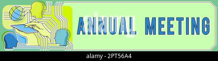 Légende du texte présentant l'assemblée annuelle, vue d'ensemble de l'entreprise prévue chaque année pour la discussion sur l'avenir de l'entreprise Banque D'Images