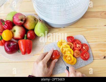 Sèche-linge électrique pour déshydrater des produits avec chargement horizontal de palettes. Vue de dessus, une fille coupe des tomates pour sécher, gros plan, lumière naturelle Banque D'Images