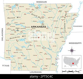 Carte physique très détaillée de l'état américain de l'Arkansas Illustration de Vecteur