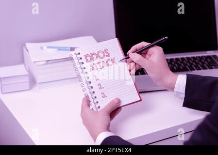 Affichage conceptuel attaque DDoS, Word pour auteur cherche à rendre la ressource réseau indisponible Banque D'Images