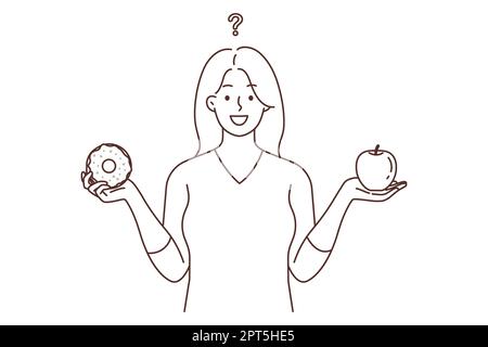 Une jeune femme souriante choisit entre dessert et fruit. Une femme heureuse fait le choix entre des aliments sains et malsains. Alimentation et nutrition. Illustrateur vectoriel Banque D'Images