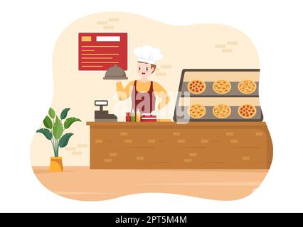 Restaurant italien ou cafétéria avec chef cuisinier faisant des plats traditionnels italiens Pizza dans dessin main dessin dessin dessin de dessin de dessin de dessin de dessin de dessin Banque D'Images