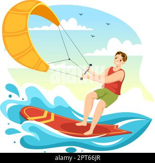 Illustration du kitesurf avec Kite Surfer debout sur le terrain de Kitboard dans la mer d'été dans les sports d'eau extrême modèle de dessin à la main de dessin à plat de dessin Illustration de Vecteur