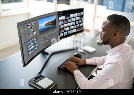 Video Editor ou Designer utilisant Edit Software Tech sur un ordinateur Banque D'Images