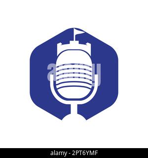 Logo de vecteur de podcast Castle. Forteresse avec symbole vectoriel de microphone. Illustration de Vecteur