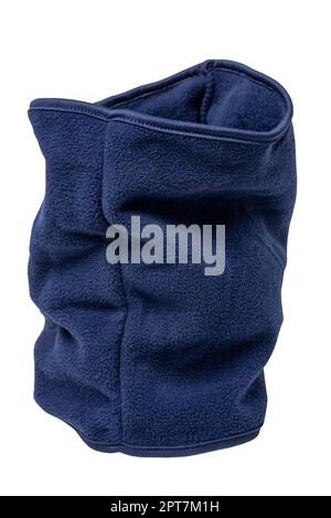 Gros plan d'un gilet matelassé bleu pour hommes écharpe ou manche de ski d'hiver isolé sur fond blanc. Masque. Foulard pour femme ou masque polaire. Mac Banque D'Images