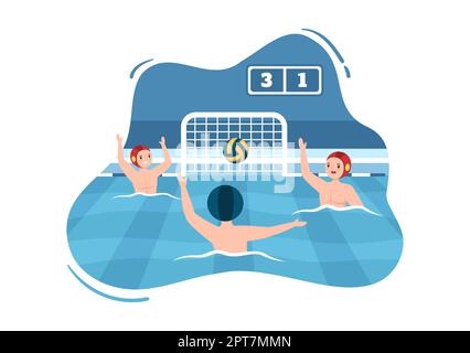 Water Polo Sport joueur jouant pour lancer le ballon sur le but de l'adversaire dans la piscine en dessin à plat dessin à la main modèles Illustration Banque D'Images