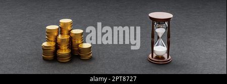 Tas de pièces de monnaie et de sablier sur fond sombre 3D rendu Illustration, argent et temps concept de comparaison Banque D'Images