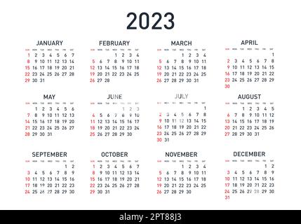 Année civile 2023. Modèle vectoriel noir et blanc. La semaine commence le dimanche. Grille de base. Calendrier carré de poche. Conception prête à l'emploi Banque D'Images