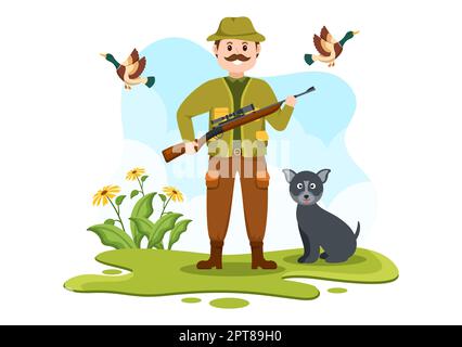 Chasseur avec fusil de chasse ou arme de tir à des oiseaux ou des animaux dans la forêt sur un dessin à la main de dessin plat de dessin Illustration Banque D'Images