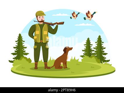 Chasseur avec fusil de chasse ou arme de tir à des oiseaux ou des animaux dans la forêt sur un dessin à la main de dessin plat de dessin Illustration Banque D'Images