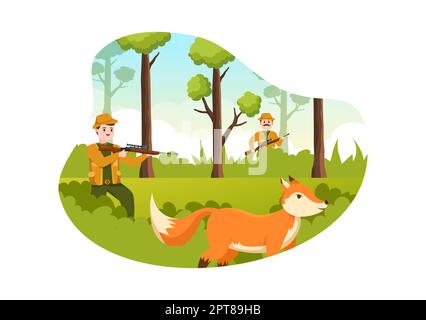 Chasseur avec fusil de chasse ou arme de tir à des oiseaux ou des animaux dans la forêt sur un dessin à la main de dessin plat de dessin Illustration Banque D'Images