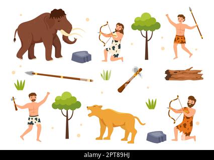 Tribes de l'âge de pierre préhistorique chasse de grands animaux avec arme dans un dessin à la main de dessin de dessin à plat Illustration Banque D'Images