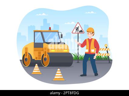 Illustration du modèle de dessin manuel de la machine à forages sur des routes asphaltées et des ouvriers de la construction routière et de l'entretien des routes Banque D'Images