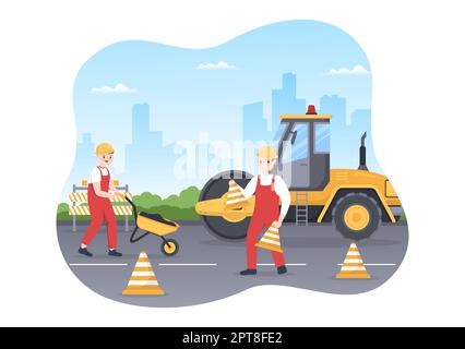 Illustration du modèle de dessin manuel de la machine à forages sur des routes asphaltées et des ouvriers de la construction routière et de l'entretien des routes Banque D'Images