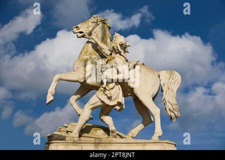 Statue équestre, Obotrit et son cheval, artiste Christian Genschow, pont du château, château de Schwerin, Schwerin, Mecklembourg-Poméranie occidentale, Allemagne Banque D'Images