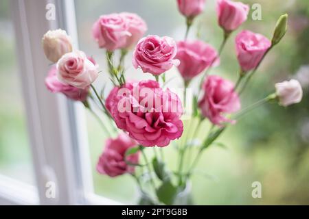 Magnifique bouquet de fleurs rose vif dans un vase eustoma Banque D'Images