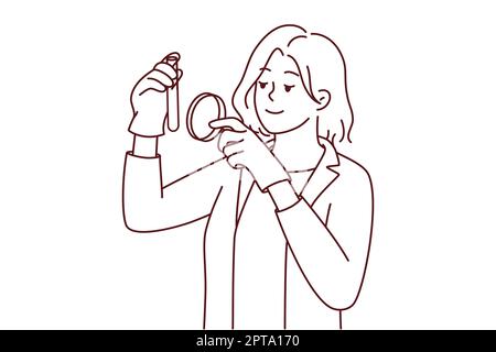 Femme scientifique en uniforme médical blanc tube d'exploration avec loupe. Femme chercheuse analyse des échantillons de laboratoire avec loupe. Vecteur illu Banque D'Images