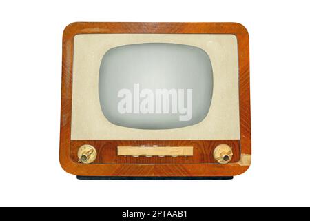 Ancien récepteur de télévision rétro CRT isolé sur fond blanc, technologie de télévision analogique vintage Banque D'Images